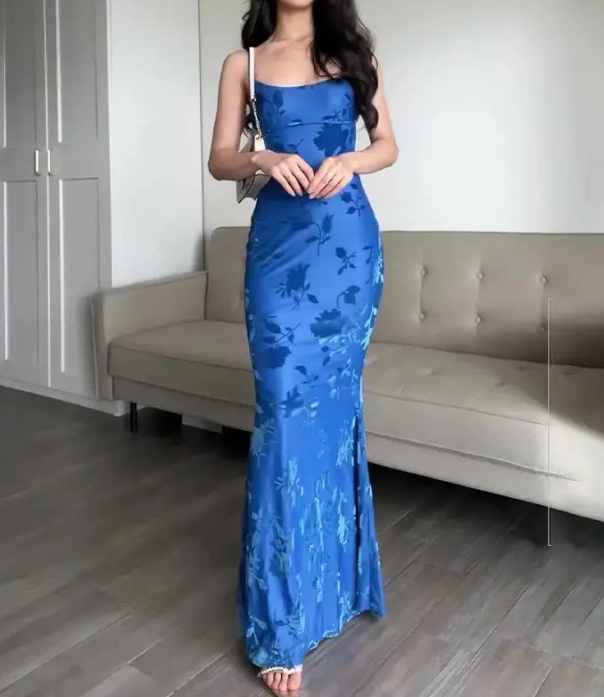 Classy Mermaid Spaghetti Straps Floral Blue Prom Dresses Satin Summer Wedding Guest Dresses Wedding Guest Outfits DP741