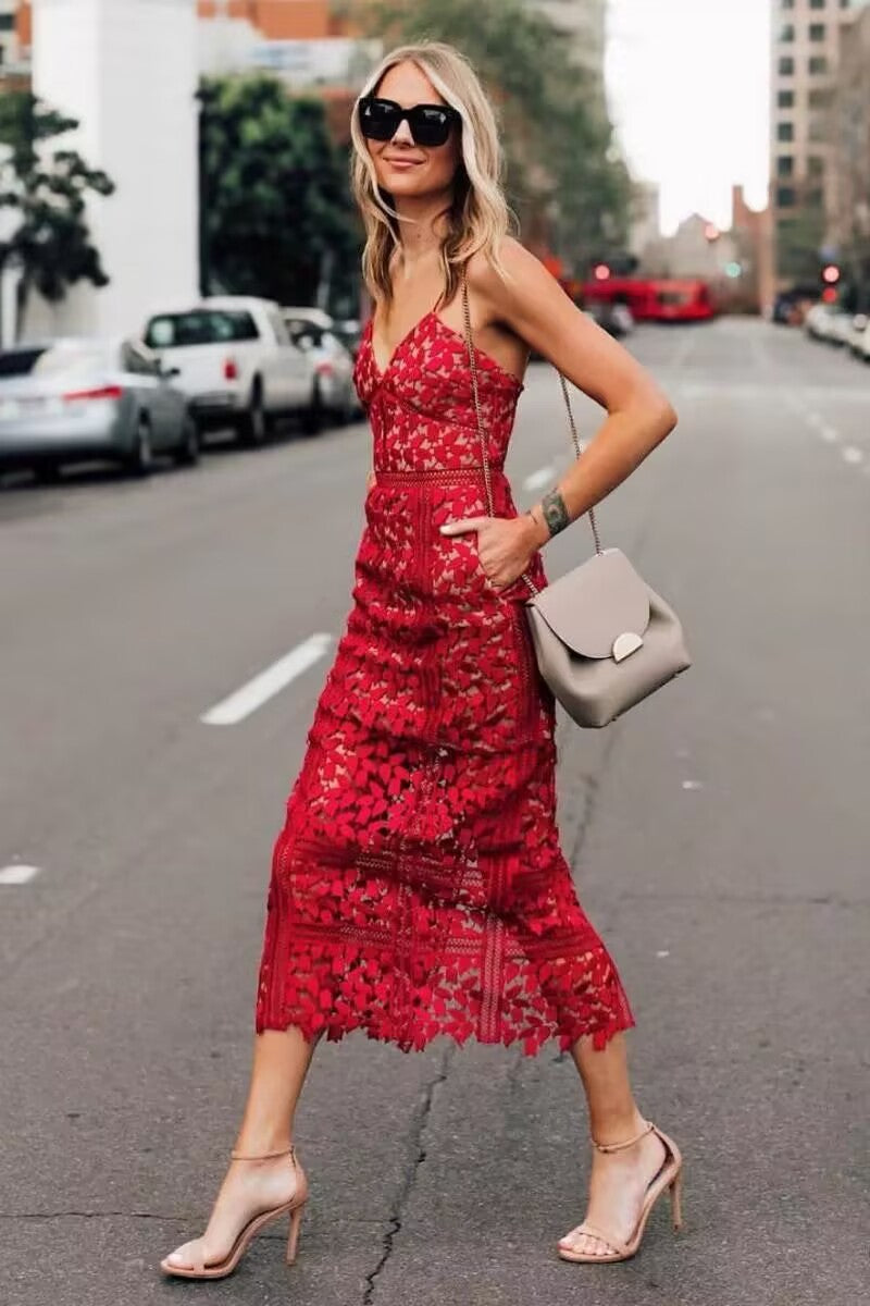 Classy Sheath Spaghetti Straps Red Lace Prom Dresses Summer Wedding Guest Dresses Wedding Guest Outfits DP748