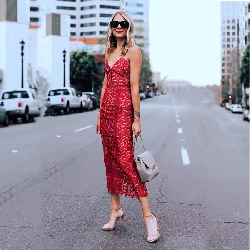 Classy Sheath Spaghetti Straps Red Lace Prom Dresses Summer Wedding Guest Dresses Wedding Guest Outfits DP748