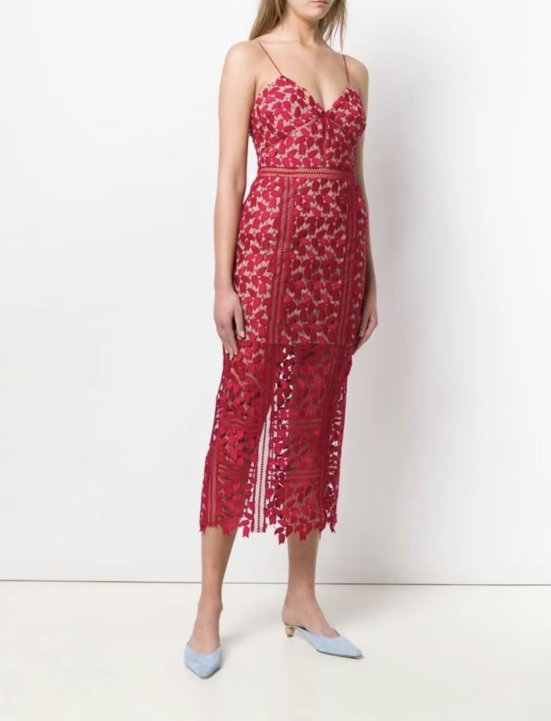 Classy Sheath Spaghetti Straps Red Lace Prom Dresses Summer Wedding Guest Dresses Wedding Guest Outfits DP748