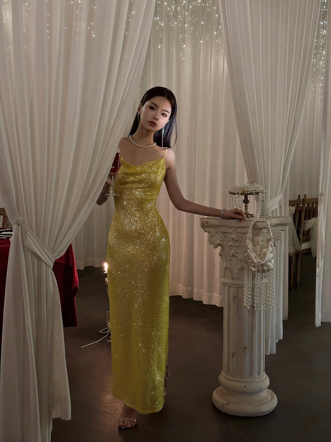 Classy Mermaid Spaghetti Straps Yellow Sequin Prom Dresses Summer Wedding Guest Dresses Wedding Guest Outfits DP751