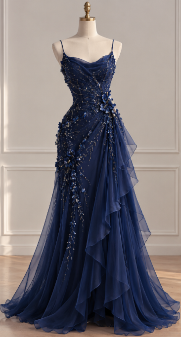 Vintage Navy Blue Prom Dress Sheath Chiffon Beaded Long Prom Dress DP07561