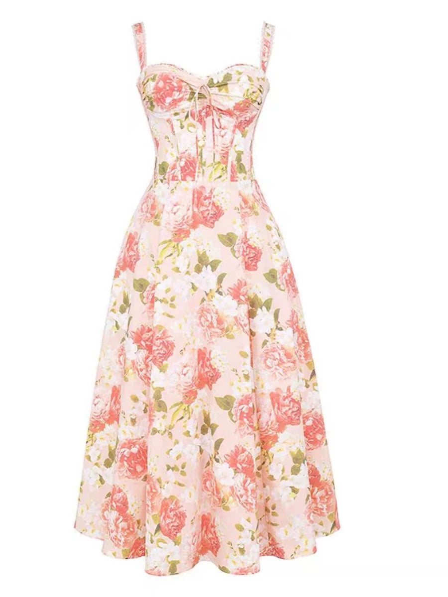 Elegant Wedding Guest Outfit Ball Gown Pink Floral Formal Night Dresses Summer Tea Length Wedding Guest Dresses DP783