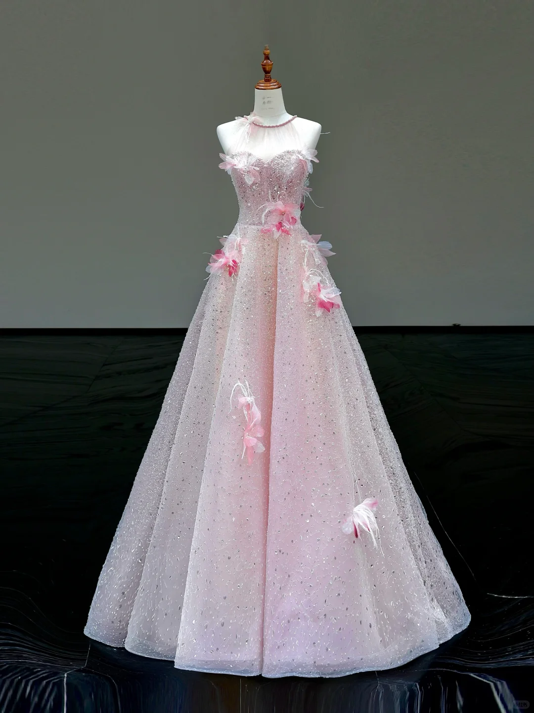 Stunning Ball Gown High Neckline Pink Sequin Long Prom Dress Party Dress Graduation Dresses DP868