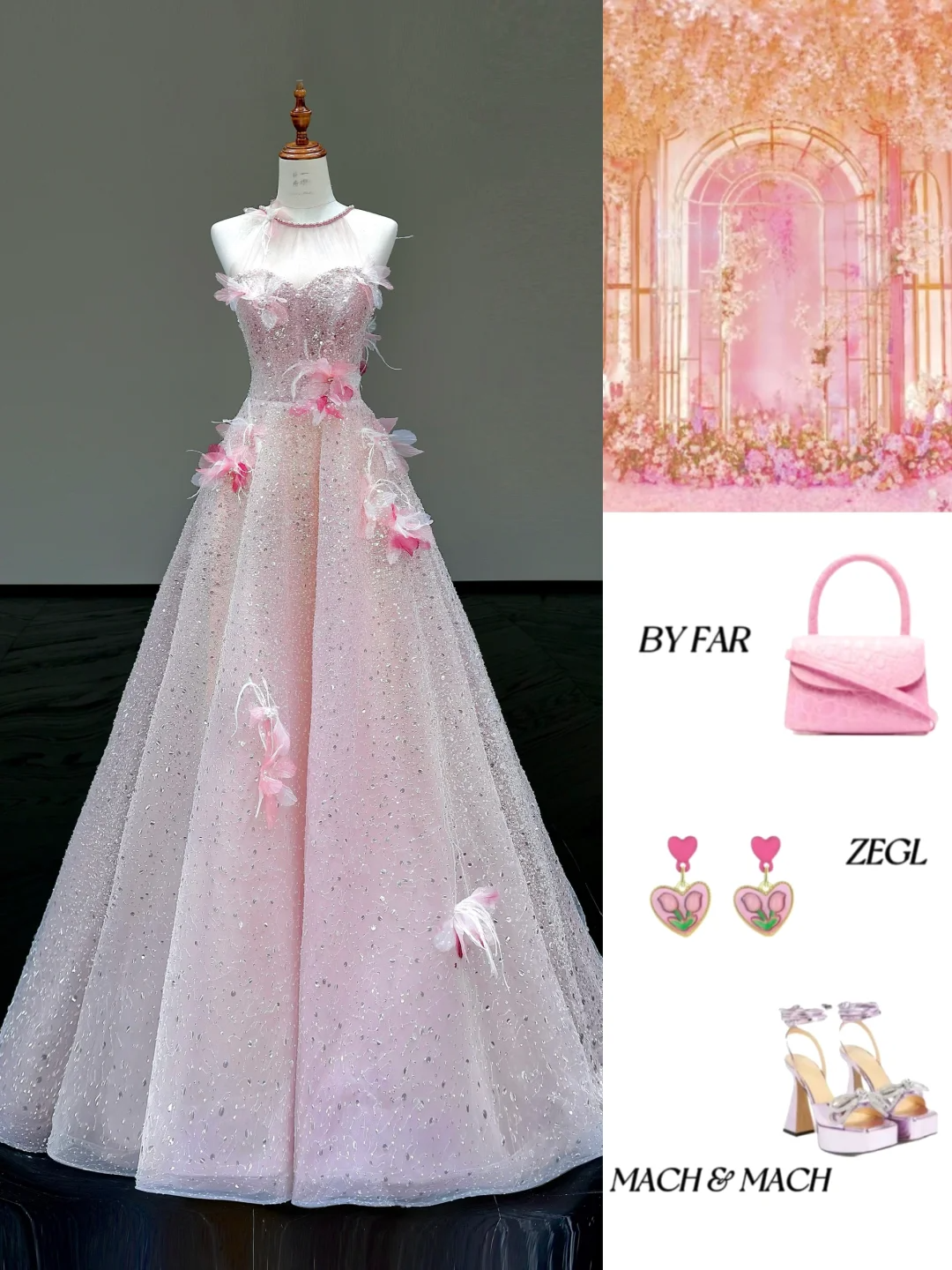 Stunning Ball Gown High Neckline Pink Sequin Long Prom Dress Party Dress Graduation Dresses DP868