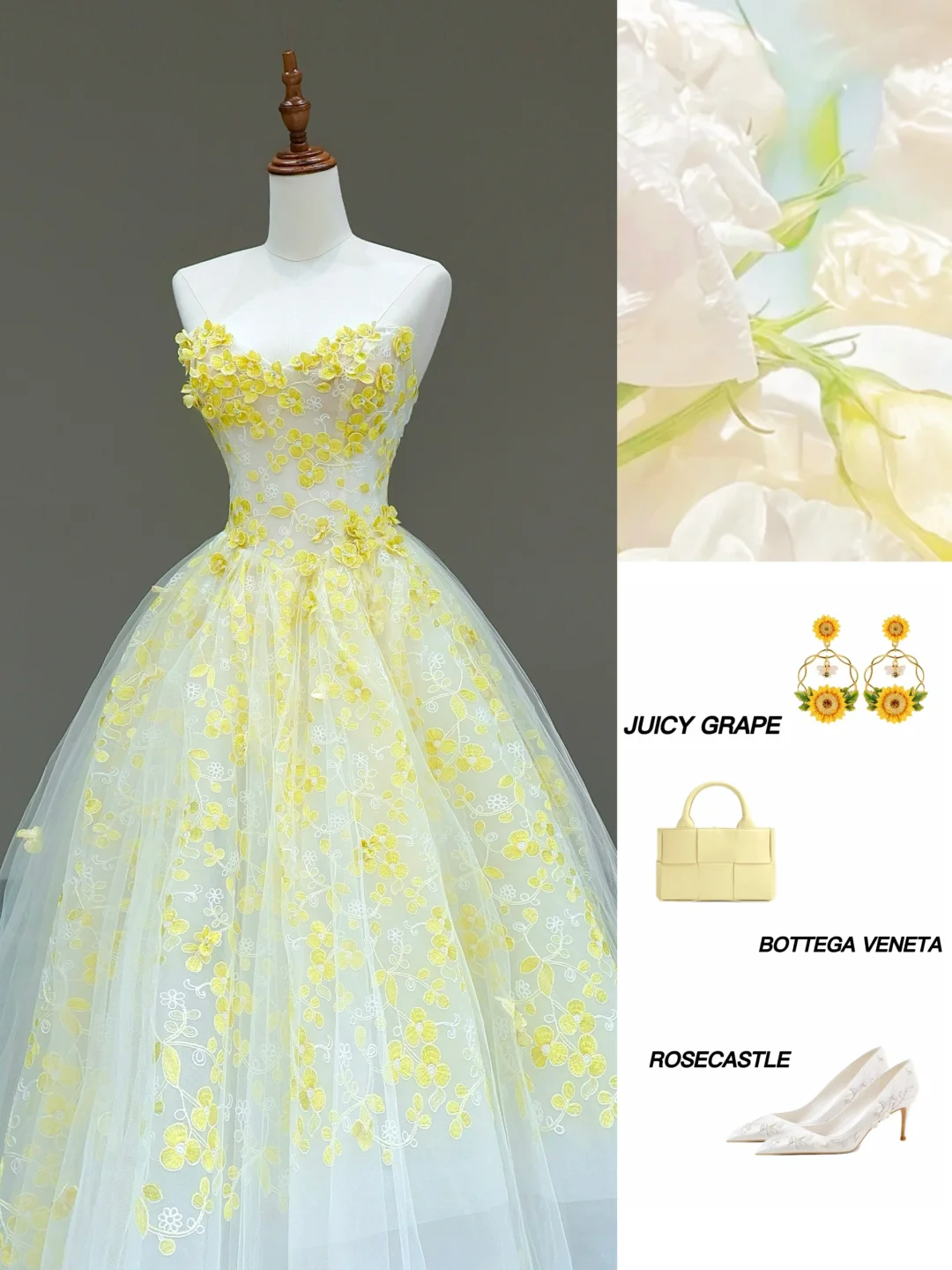 Stunning Ball Gown Sweetheart Yellow Tulle Floral Long Prom Dress Party Dress Graduation Dresses DP806