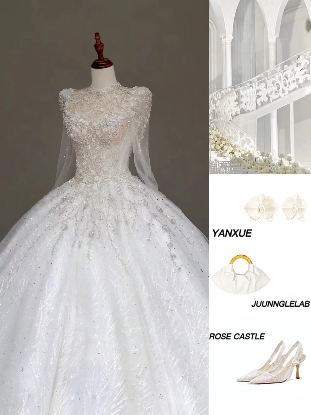 Princess Bridal Gown Ball Gown High Neckline White Sequin Beads Wedding Dresses Winter Bridal Gowns DP871