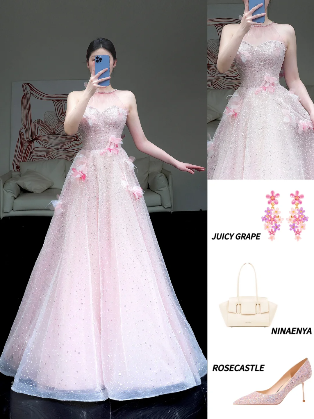 Stunning Ball Gown High Neckline Pink Sequin Long Prom Dress Party Dress Graduation Dresses DP868