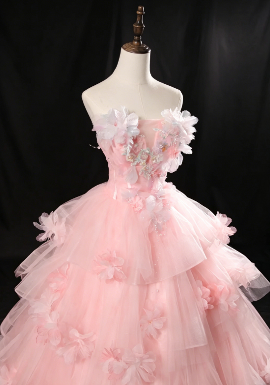 Märchenhaftes trägerloses Ballkleid, langes Quinceanera-Kleid, Tüll-Applikationen, Geburtstagskleid, pinkes Sweet 16 Kleid DQ002