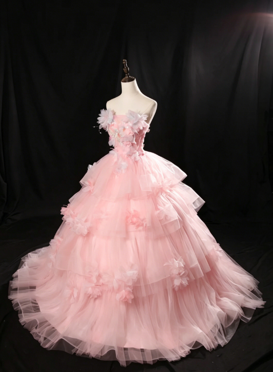 Robe de bal bustier fée, longue robe de quinceañera en tulle avec appliqués, robe d'anniversaire rose, robe de bal Sweet Sixteen DQ002