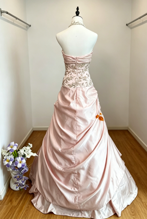 Élégante Robe de Bal Rose sans Bretelles, Coupe Trapèze en Satin Perlé, Robe de Soirée Longue DQ007