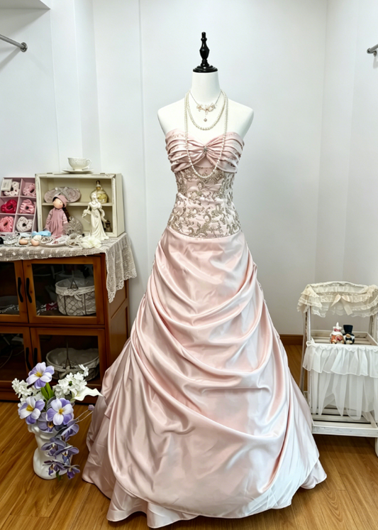 Chic Pink Prom Dress Strapless A-Line Satin Beaded Long Evening Dress DQ007