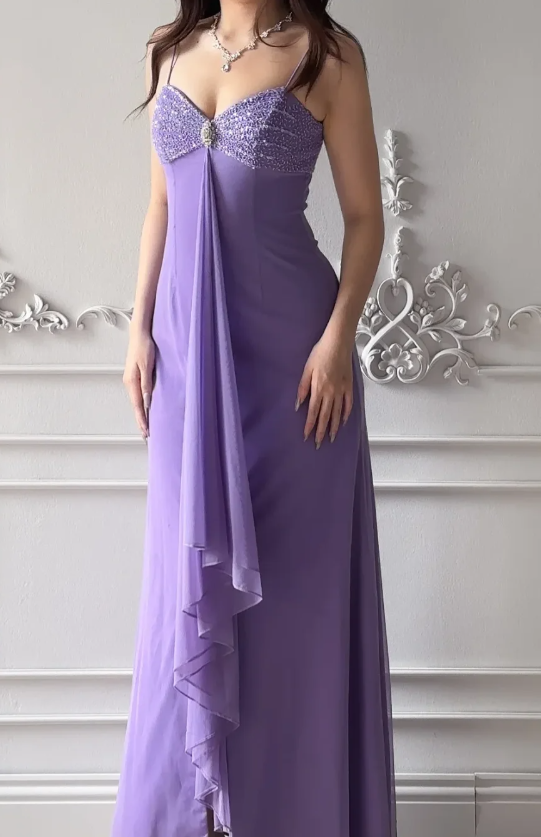 Elegantes lila Ballkleid Spaghettiträger Etui Chiffon Langes Abendkleid DQ011