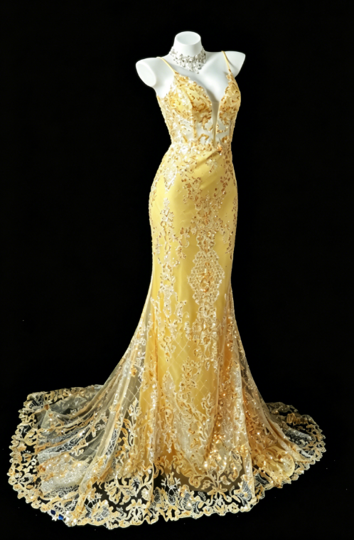 Elegantes gelbes Ballkleid, ärmellos, Spaghettiträger, Scheide, Tüll, Applikationen, langes Abendkleid DQ013
