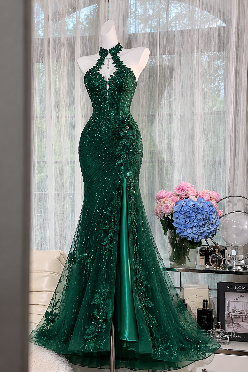 Élégante Robe de Bal Vert Foncé Halter Sirène Tulle Perles Longue Robe de Soirée DQ015