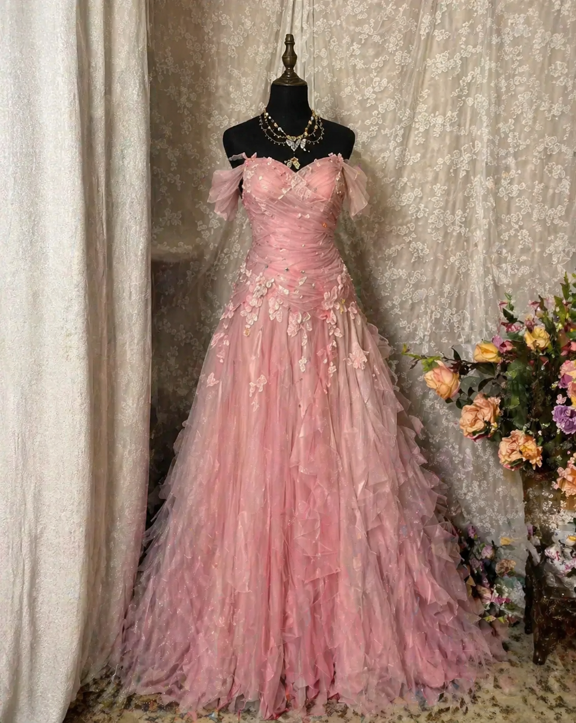 Wunderschönes schulterfreies A-Linien Tüll Abendkleid Langes Ballkleid Rosa DW05552