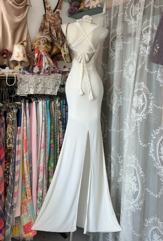Wunderschönes Neckholder-Kleid aus Chiffon, langes Abendkleid, weißes Ballkleid DW05555