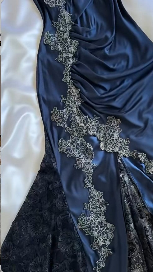 Classy Bodycon Mermaid Straps Long Navy Blue Lace Prom Dress Party Dresses Graduation Dresses DP512