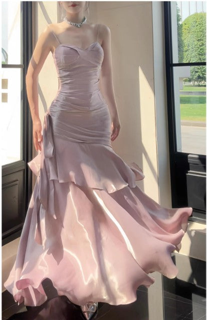 Elegant Mermaid Spaghetti Straps Blue Satin Long Prom Dresses Party Dress 21st Birthday Outfits Graduation Dresses DH2398