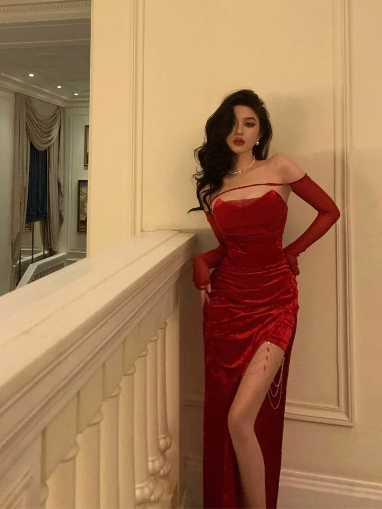 Sexy Sheath Strapless Red Slit Sleeveless Prom Dresses Party Dress Summer Birthday Outfits 20th Birthday Dresses W809