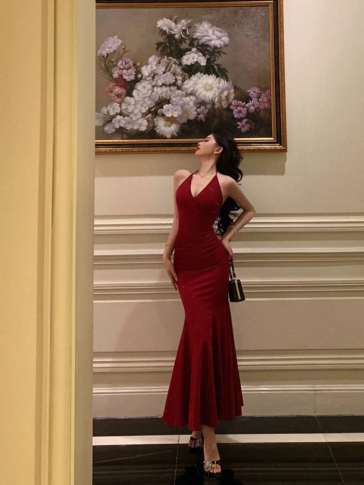 Sexy Mermaid Halter Red Sequin Sleeveless Prom Dresses Party Dress Summer Birthday Outfits 20th Birthday Dresses W818
