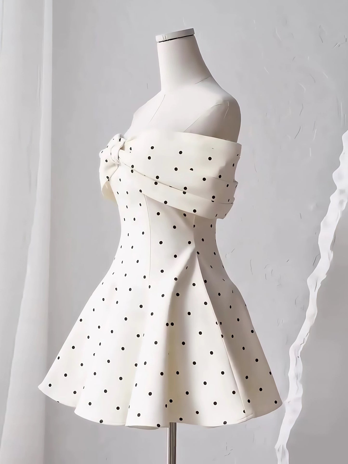 Cute A line Off The Shoulder Black Polka Dots Short Satin Formal Homecoming Dresses Party Graduation Dress Hoco Dresses DH2772