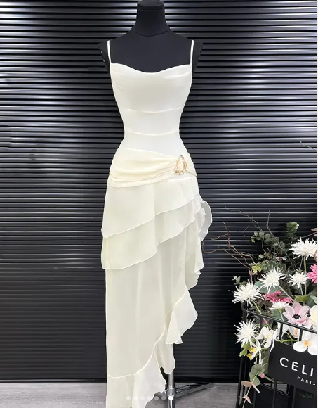 Gorgeous High Low Straps Ivory Chiffon Prom Dresses Formal Summer Wedding Guest Dresses Wedding Guest Outfits DP754