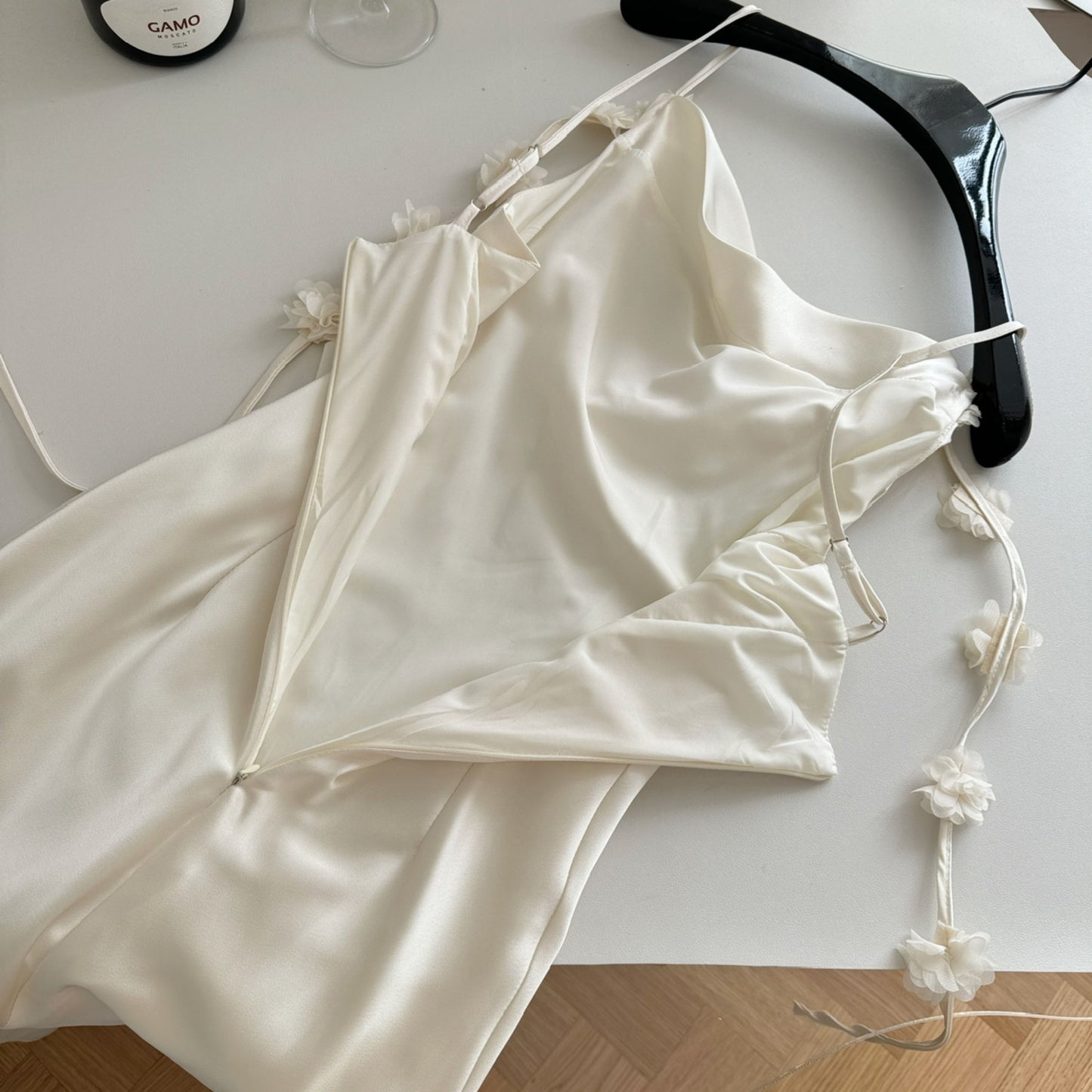 Cute A line Spaghetti Straps Champagne Floral Long Satin Summer Dress For Women DP0009