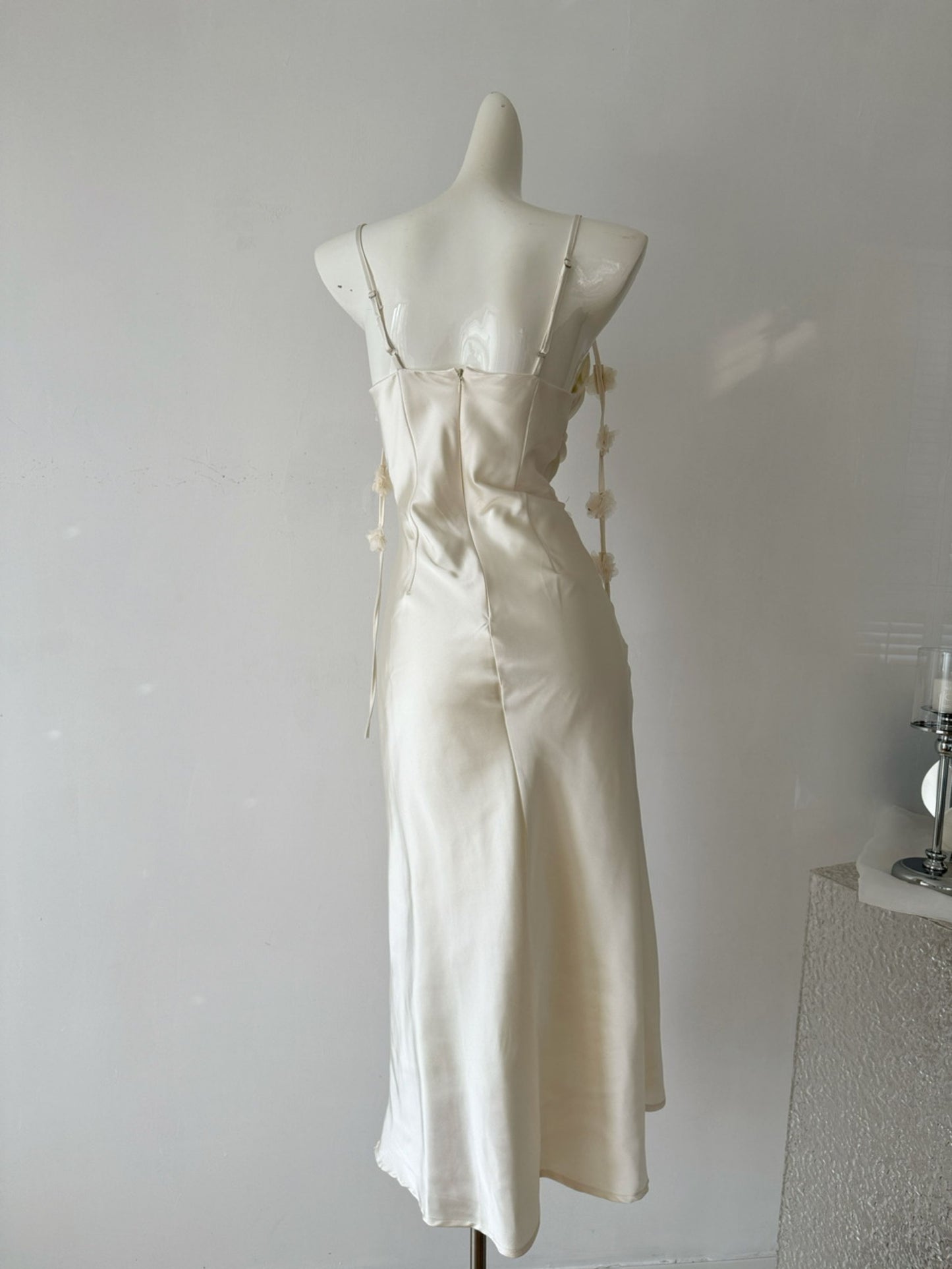 Cute A line Spaghetti Straps Champagne Floral Long Satin Summer Dress For Women DP0009