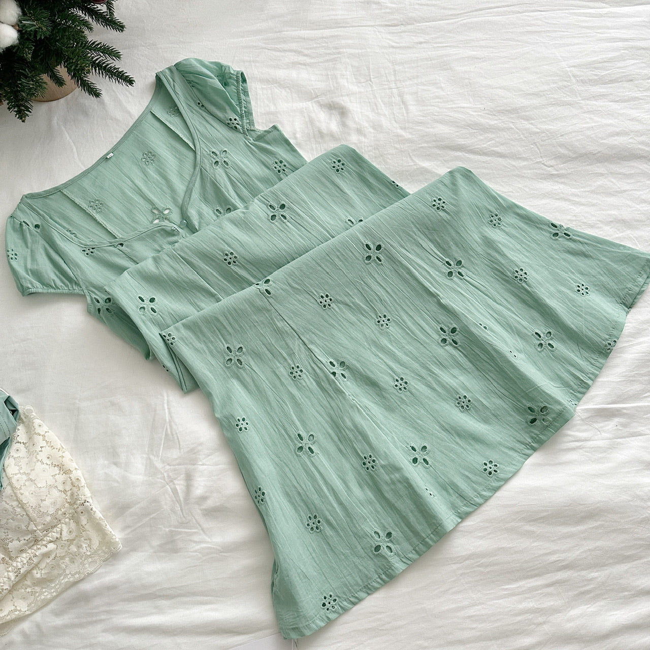 Tea Break French Puff Sleeve Hollow First Love Fishtail Dress 3-Piece Set DP0004