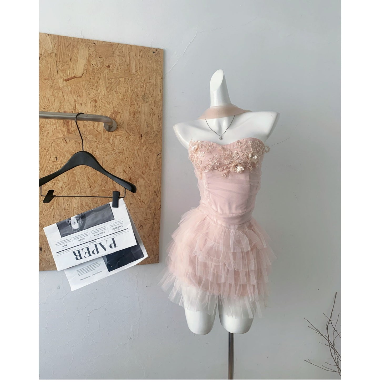 Robe d'été 2 pièces en tulle rose à bretelles spaghetti et volants, tenue de fête pour femmes, DP0094