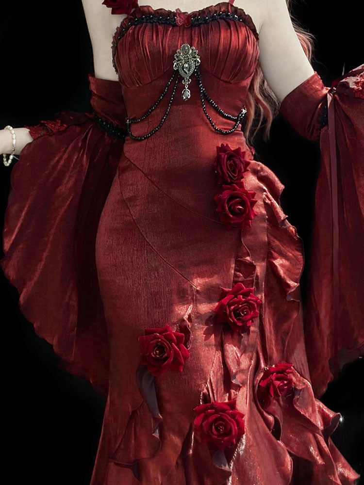 Vintage Mermaid Spaghetti Straps Burgundy Summer 18th Wine Red With Sleeves Birthday Dress Lolita Dress Birthday Outfits W1123