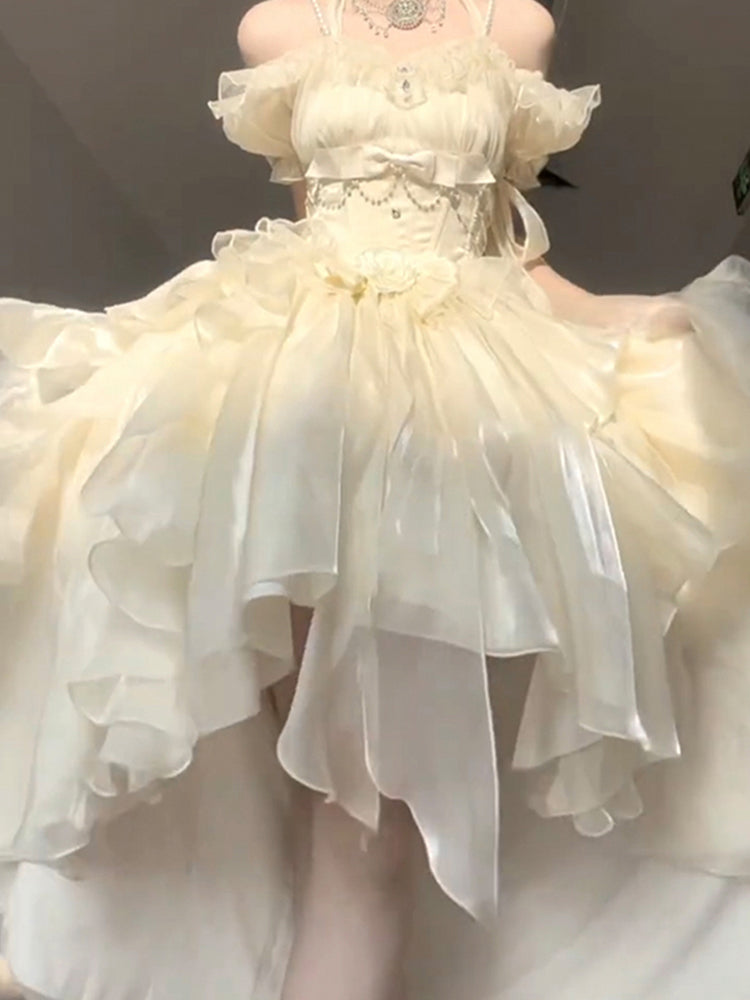 Robe vintage Lolita en mousseline de soie, manches courtes, épaules dénudées, pour 16e anniversaire, tenue d'anniversaire W1130