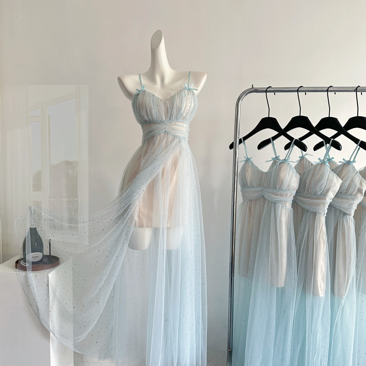 Sexy A Line Spaghetti Straps Blue Tulle Summer Dress Holiday Party Birthday Outfits For Teens DP0142