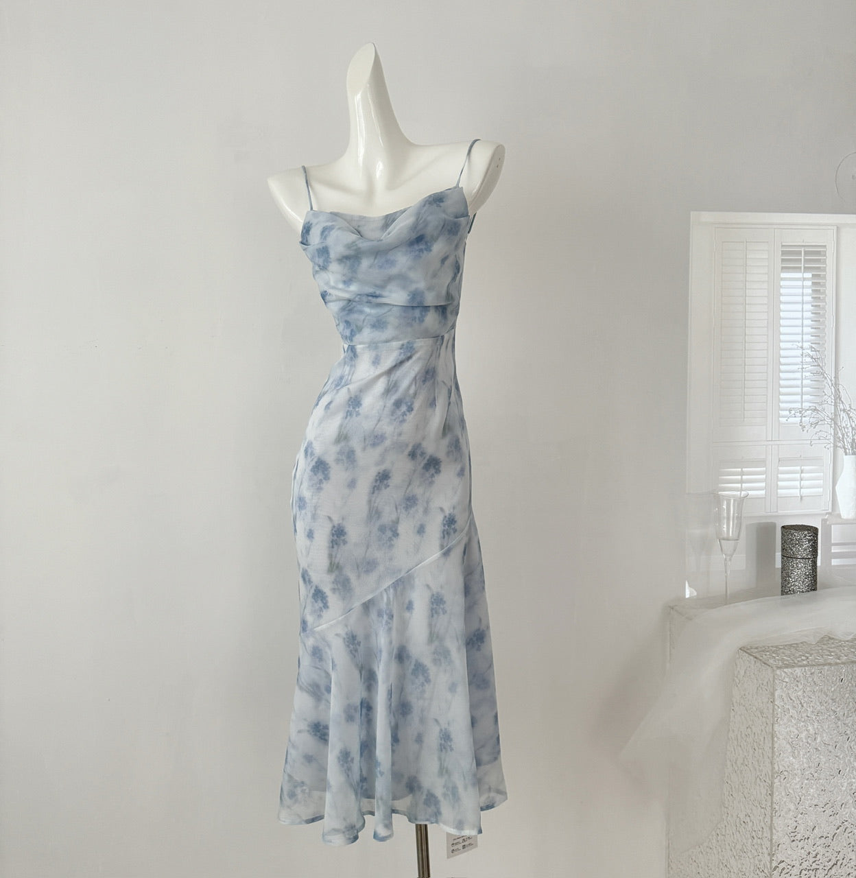 Sexy Mermaid Spaghetti Straps Blue Floral Midi Summer Dress Holiday Party Birthday Outfits For Womens DP0152