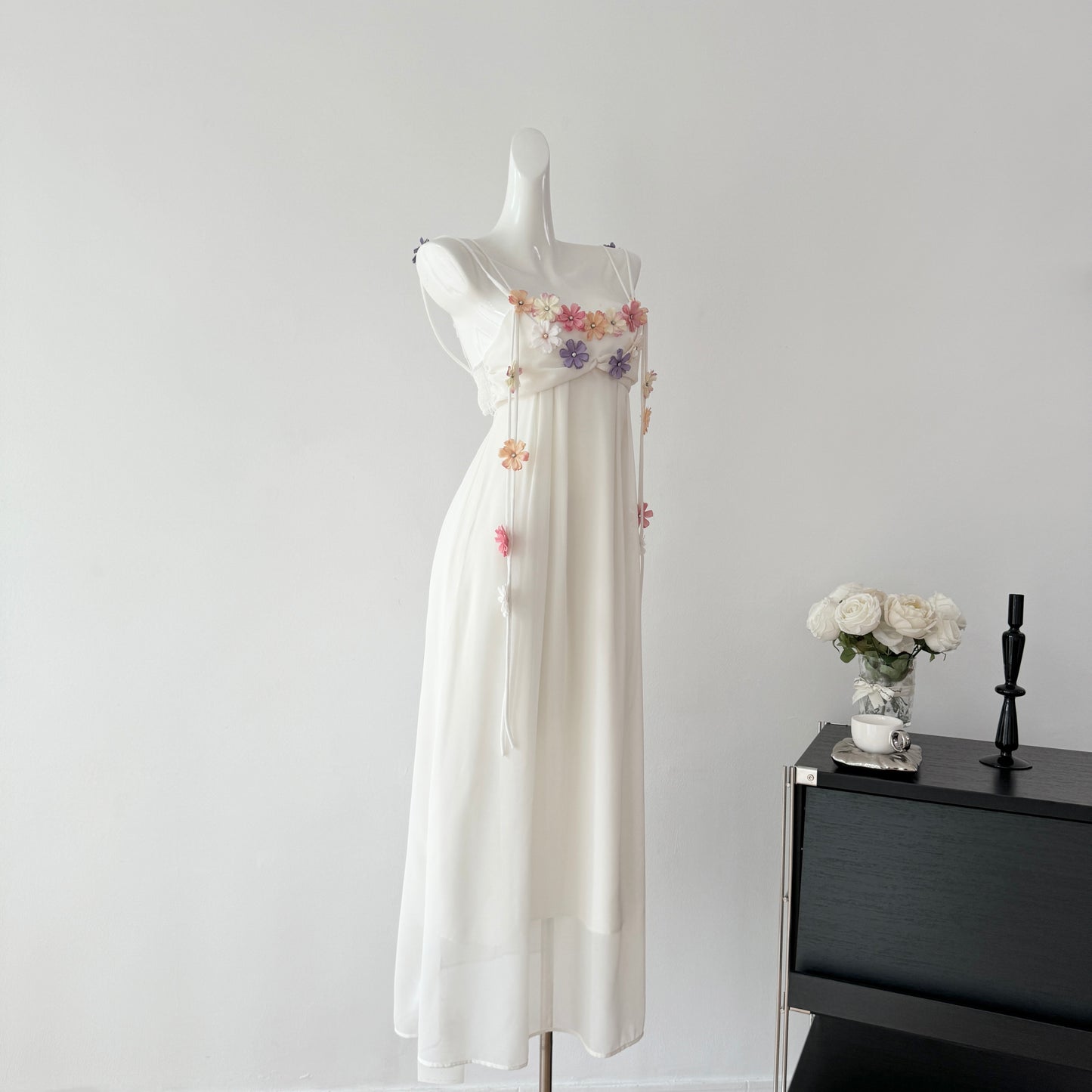 Cute A Line Spaghetti Straps Floral White Chiffon Summer Dress Holiday Party Outfits For Women DP0129