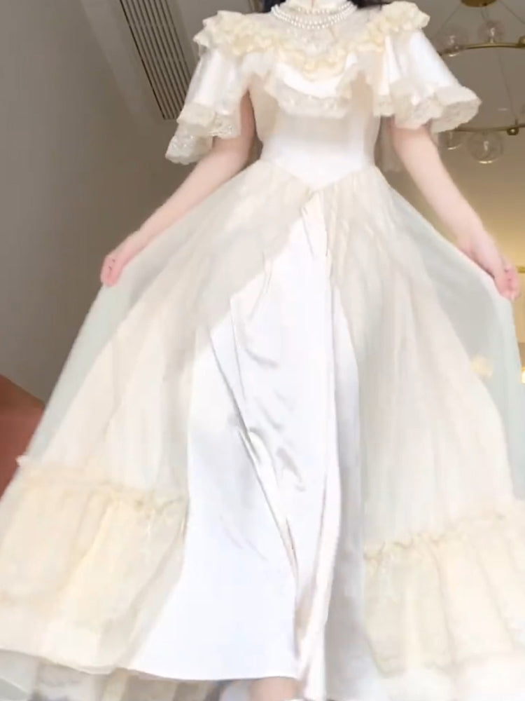 Elegant A line High Neckline Short Sleeves 16th Birthday Dress Lolita Dress White Birthday Outfits DP0214