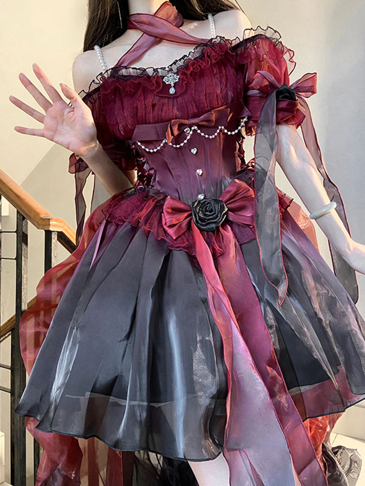 Vintage Ball Gown Off The Shoulder Short Sleeves 16th Burgundy Birthday Dress Lolita Dress Birthday Outfits DP0220