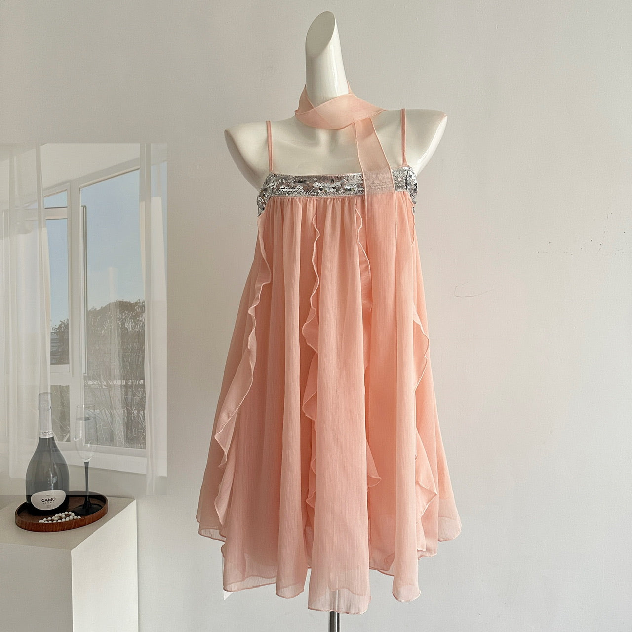 Robe d'été courte en mousseline de soie rose à bretelles spaghetti, tenue de soirée pour femmes, DP0102