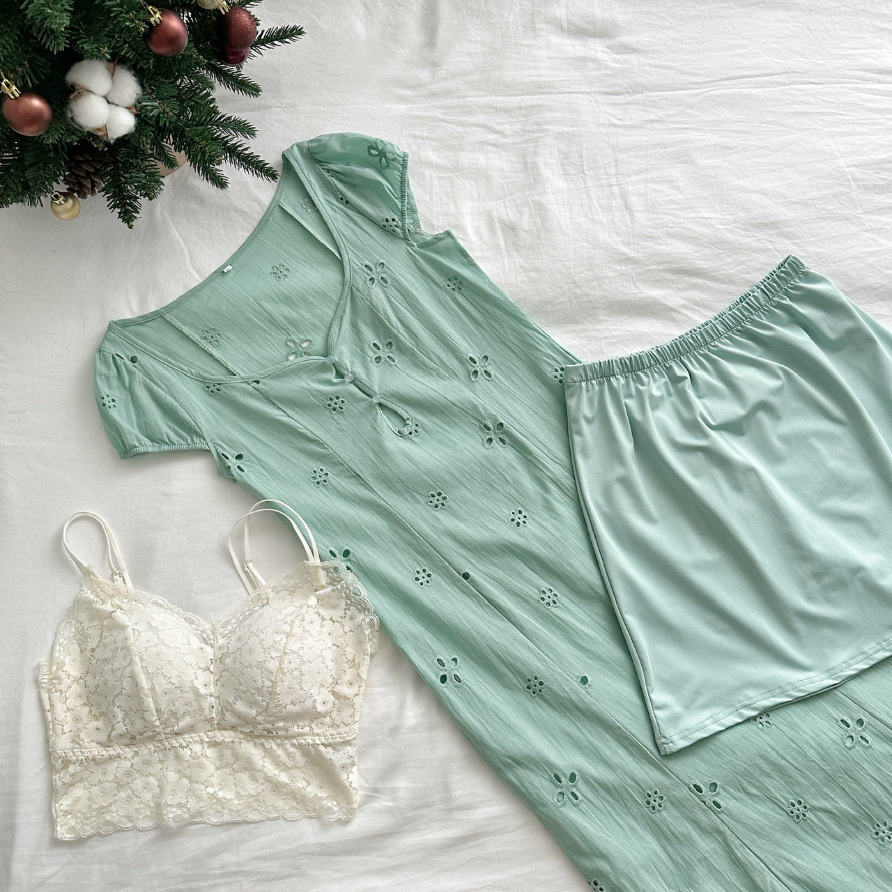 Tea Break French Puff Sleeve Hollow First Love Fishtail Dress 3-Piece Set DP0004