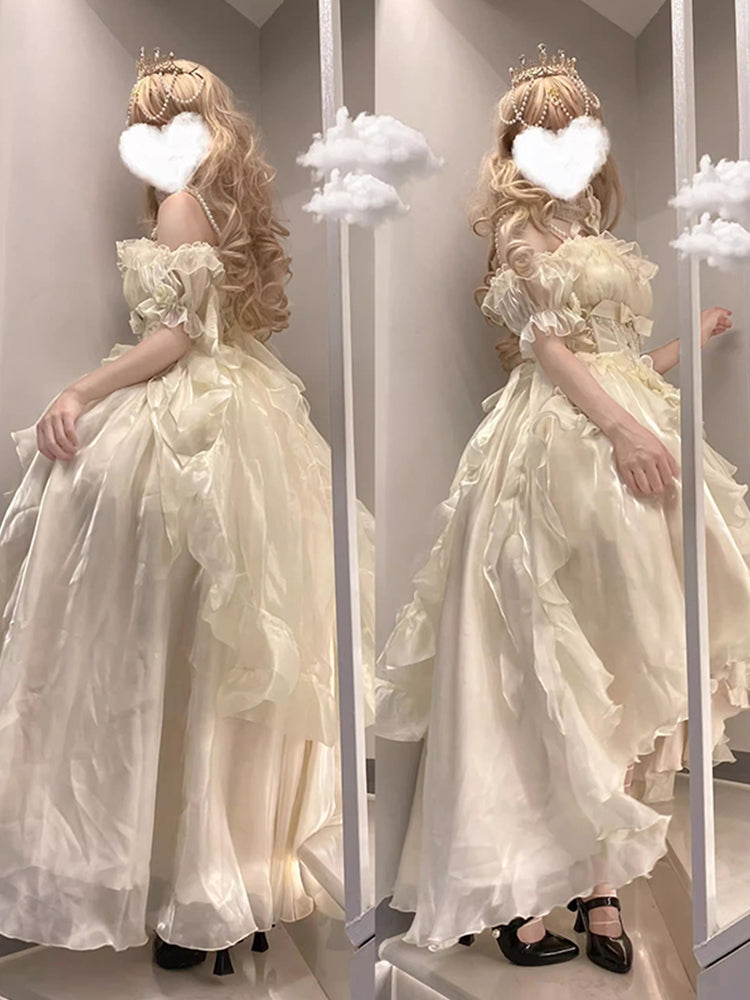 Magnifique robe Lolita en mousseline de soie ivoire à manches courtes et épaules dénudées, motif floral, tenue d'anniversaire pour 16 ans, W1221