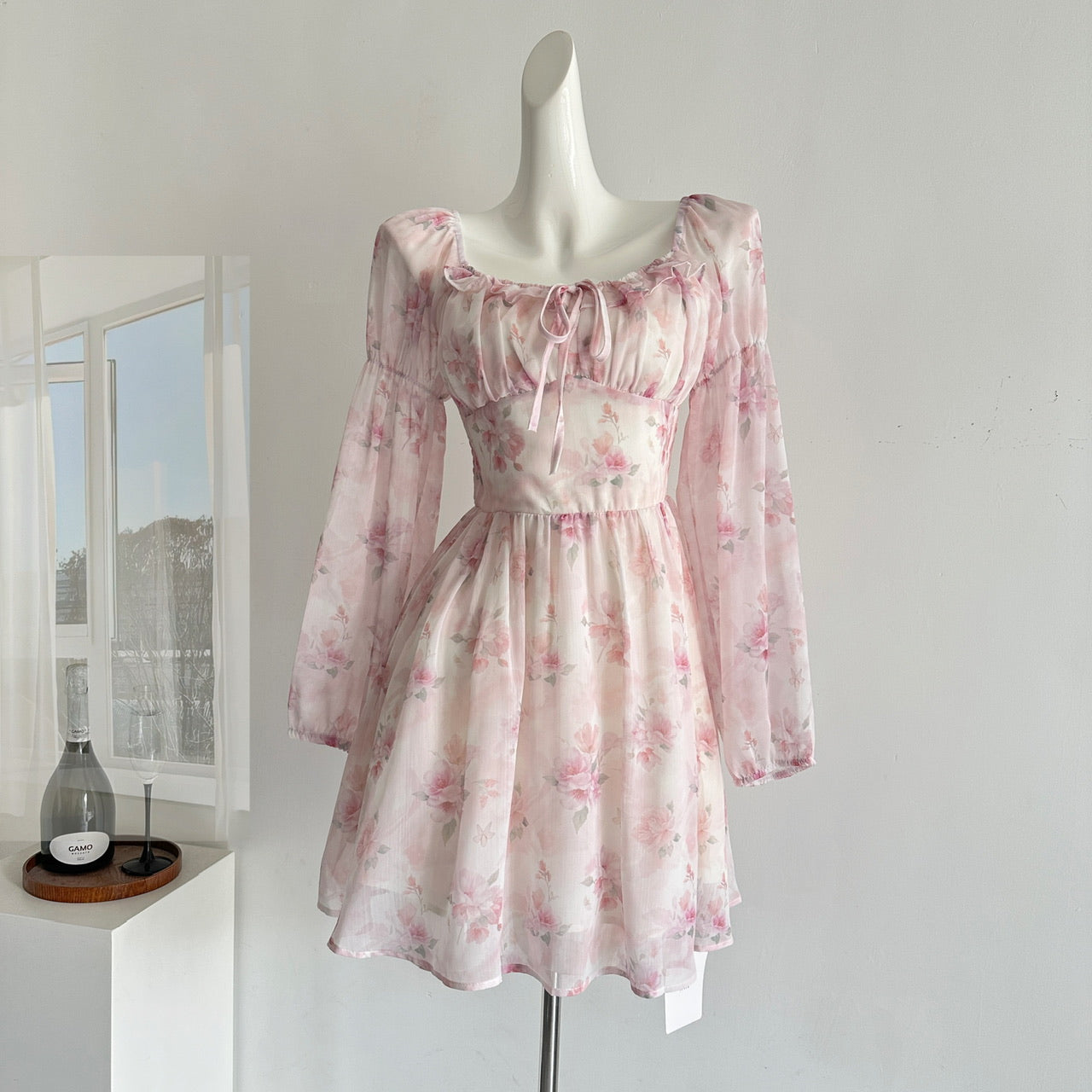 Robe d'été courte rose à fleurs, décolleté carré, coupe trapèze, tenue de fête, d'anniversaire, DP0139