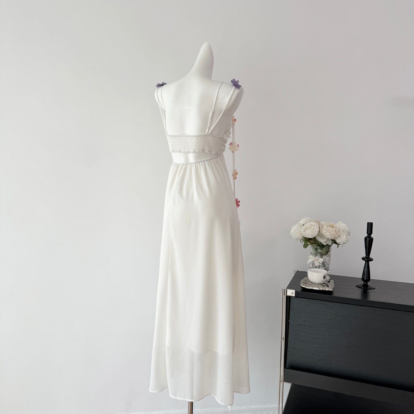 Cute A Line Spaghetti Straps Floral White Chiffon Summer Dress Holiday Party Outfits For Women DP0129