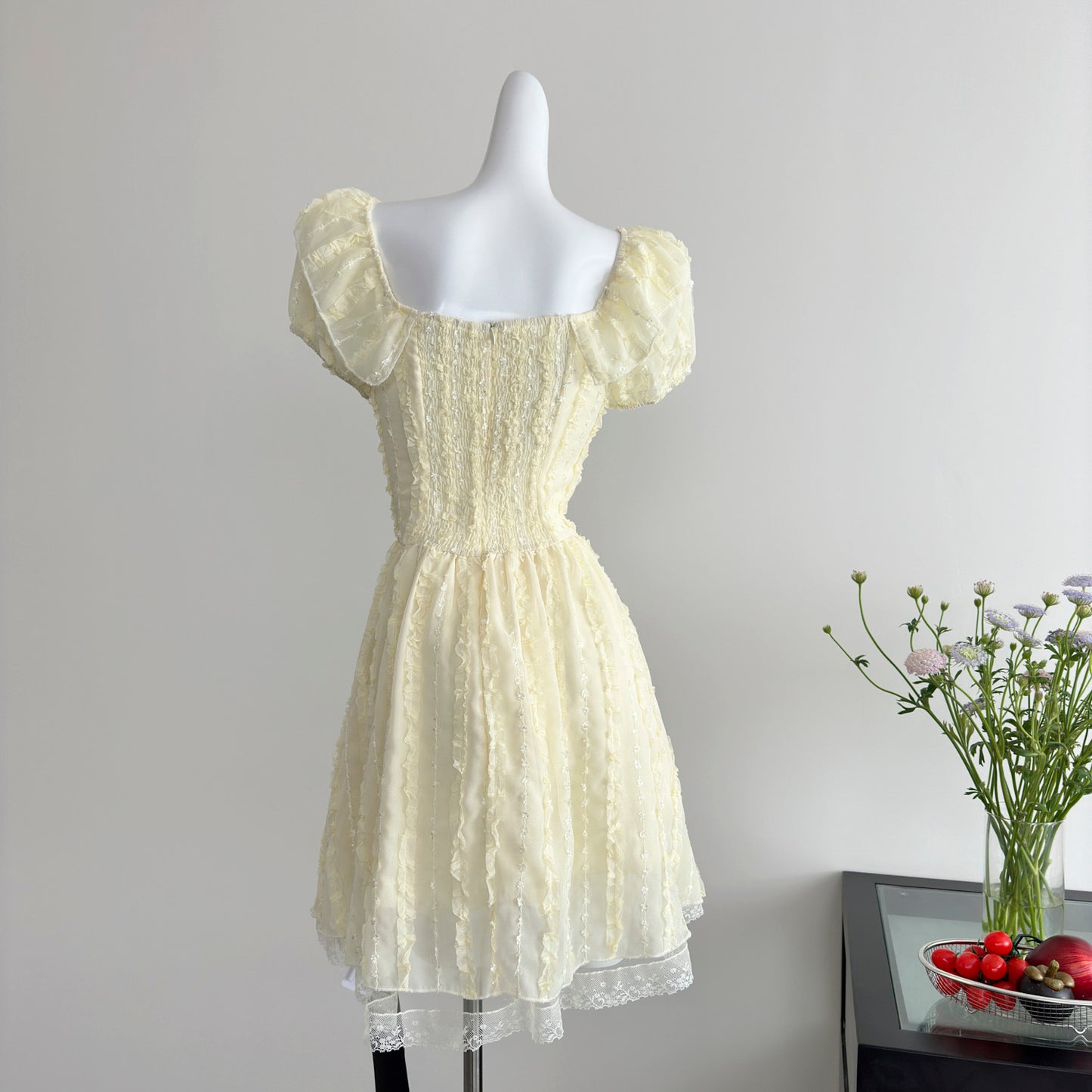 Robe d'été courte jaune à fleurs, décolleté carré, jolie robe trapèze, tenue de fête pour femmes, DP0122