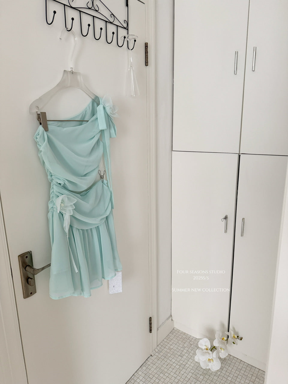 Robe d'été courte en mousseline de soie verte, asymétrique, coupe trapèze, tenue de fête, d'anniversaire, DP0147