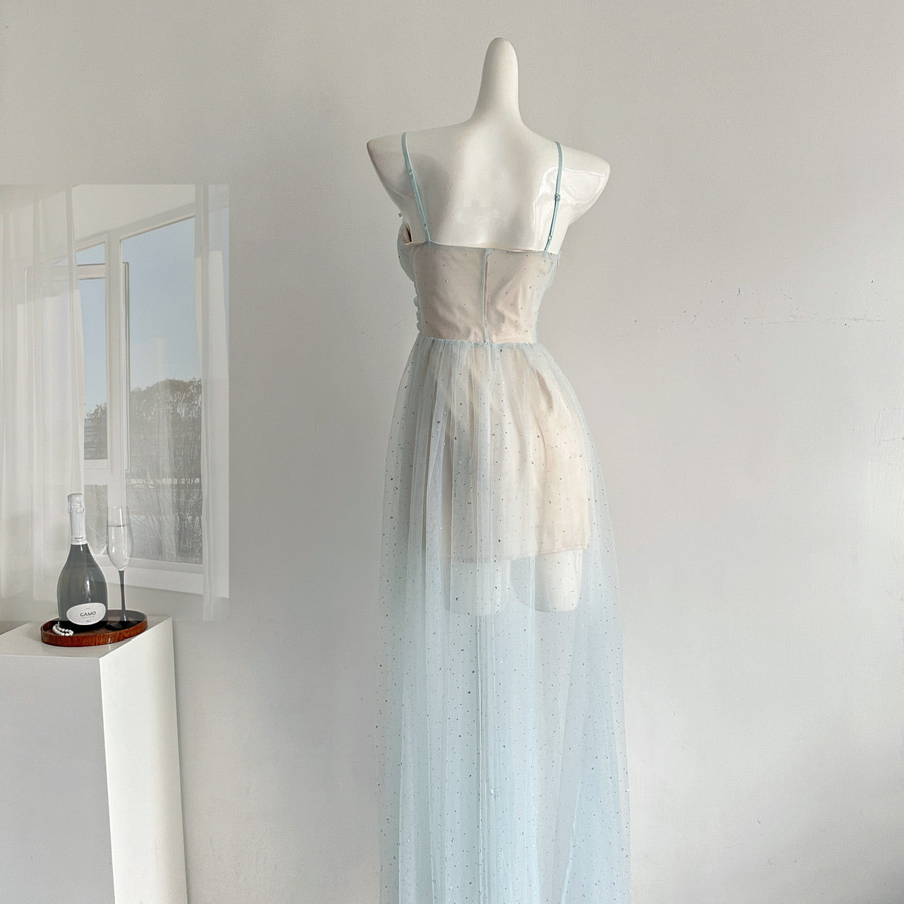 Sexy A Line Spaghetti Straps Blue Tulle Summer Dress Holiday Party Birthday Outfits For Teens DP0142
