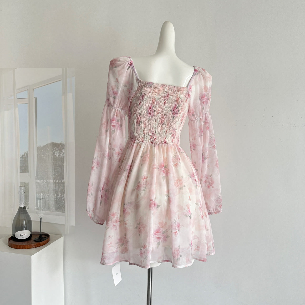 Robe d'été courte rose à fleurs, décolleté carré, coupe trapèze, tenue de fête, d'anniversaire, DP0139
