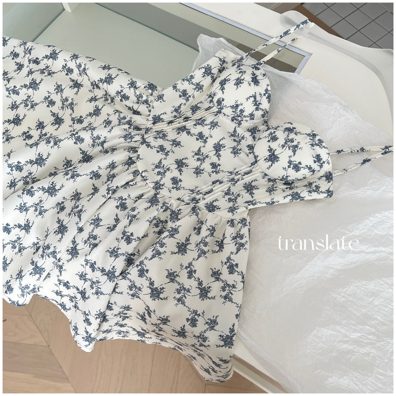 Robe d'été courte en mousseline de soie à fleurs bleues, bretelles spaghetti, coupe trapèze, tenue de fête, d'anniversaire, DP0146