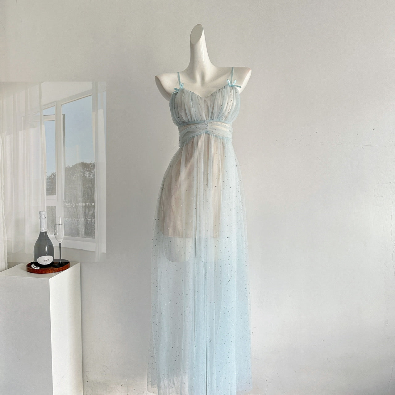 Sexy A Line Spaghetti Straps Blue Tulle Summer Dress Holiday Party Birthday Outfits For Teens DP0142