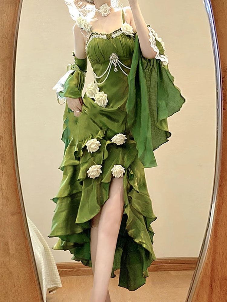 Robe vintage à bretelles spaghetti, verte, avec manches, style Lolita, en satin, pour 16e anniversaire, DP0223